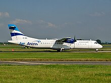Aer Arann (formerly Cimber Air, originally Binter Canarias) EI-REI, an ATR 72-201 taxies to take off from runway 05 left at Manchester Airport. Monday 28th July 2008