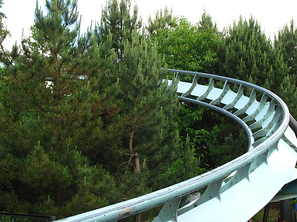 A close-up of the tubular steel tracks of Galactica at Alton Towers