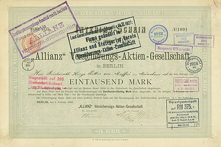 Action de l'Allianz Versicherungs-AG en date du 5 fevrier 1890