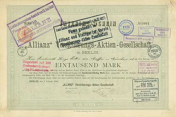 Share of the Allianz Versicherungs-AG, issued 5 February 1890