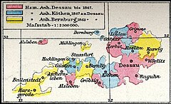 Anhalt-Köthen territorium har markeret i blåt.