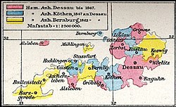 安哈爾特公國 1847年－1863年 * 紅色為安哈爾特-德紹 * 藍色為安哈爾特-克滕 * 黃色為安哈爾特-貝恩堡