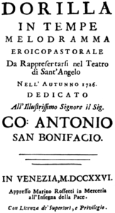 Antonio Vivaldi - Dorilla in Tempe - page de titre du livret, Venise 1726.png