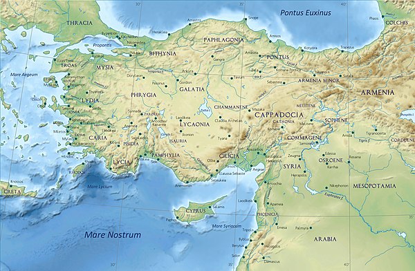 Anatolia or Asia Minor in the Greco-Roman period: The classical regions, including Pontus, and their main settlements.