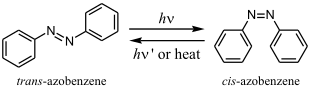 Azobenzene photoisomerization. The trans form (left) can be converted to the cis form (right) using a UV wavelength of 300-400 nm. Visible illumination at >400 nm converts the molecule back to the trans form. Alternately, the molecule will thermally relax to the stable trans form. Azobenzene isomerization.svg