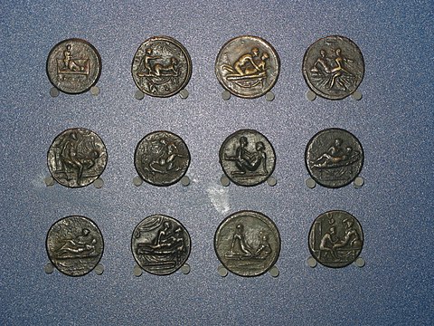 Erotic scenes on Roman Spintria tokens. Hunterian Museum and Art Gallery, Glasgow.