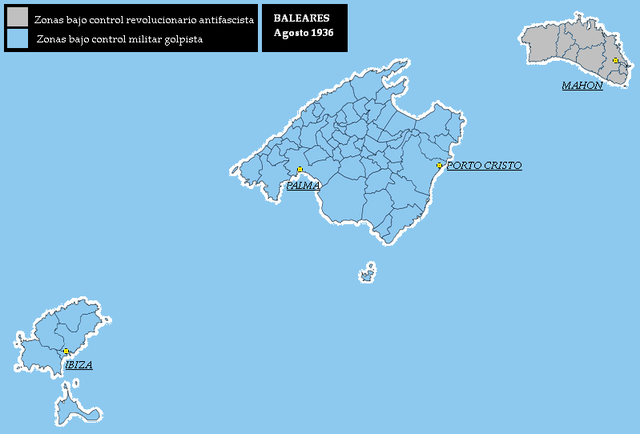 Балеарские острова во время Гражданской войны в Испании. Мальорка расположена в центре.  территория, оккупированная войсками Италии и Франко.\n территория, находящаяся под управлением Второй Испанской Республики.