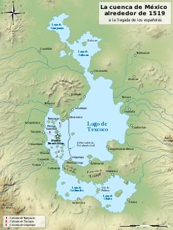 Lake Zumpango at north of Lake of Texcoco. Basin of Mexico 1519 map-es.svg