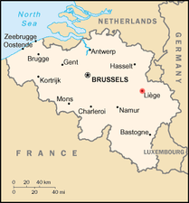 Map of Belgium, red spot for Liège