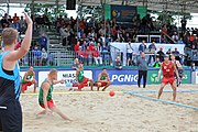 Deutsch: Beachhandball Europameisterschaften 2019 (Beach handball Euro); Tag 6: 7. Juli 2019 – Spiel um Platz Drei, Männer, Ungarn-Russland 2:0 (26:20, 23:22) English: Beach handball Euro; Day 6: 7 July 2019 – Men's Bronze Medal Match – Hungary-Russia 2:0 (26:20, 23:22)