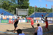 Deutsch: Beachhandball Europameisterschaften 2019 (Beach handball Euro); Tag 1: 2. Juli 2019 – Männer, Vorrunde Gruppe D, Polen-Schweden 2:1 (18:10, 15:9; 8:6) English: Beach handball Euro; Day 1: 2 July 2019 – Men Preliminary Round Group D – Poland-Sweden 2:1 (18:10, 15:9; 8:6)