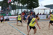 Deutsch: Beachhandball Europameisterschaften 2019 (Beach handball Euro); Tag 2: 3. Juli 2019 – Männer, Vorrunde Gruppe B, Russland-Dänemark 2:0 (22:16, 21:17) English: Beach handball Euro; Day 2: 3 July 2019 – Women Preliminary Round Group A – Men Preliminary Round Group B – Russia-Denmark 2:0 (22:16, 21:17)