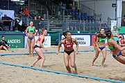 Deutsch: Beachhandball Europameisterschaften 2019 (Beach handball Euro); Tag 2: 3. Juli 2019 – Frauen, Vorrunde Gruppe D, Ukraine-Deutschland 2:0 (23:22, 32:24) English: Beach handball Euro; Day 2: 3 July 2019 – Women Preliminary Round Group D – Ukraine-Germany 2:0 (23:22, 32:24)