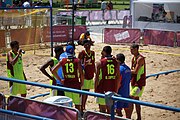 Deutsch: Beachhandball bei den Olympischen Jugendspielen 2018; Tag 4, 10. Oktober 2018; Jungs, Vorrunde, Gruppe A - Spanien-Venezuela 2:0 English: Beach handball at the 2018 Summer Youth Olympics at 10 October 2018 – Boys Preliminary Round Group A – Spain-Venezuela 2:0