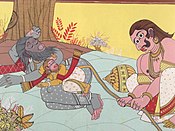 Bhima tries to lift Hanuman's tail.