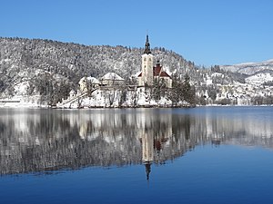 Winter panorama of Bled Island Photograph: Živa Rant