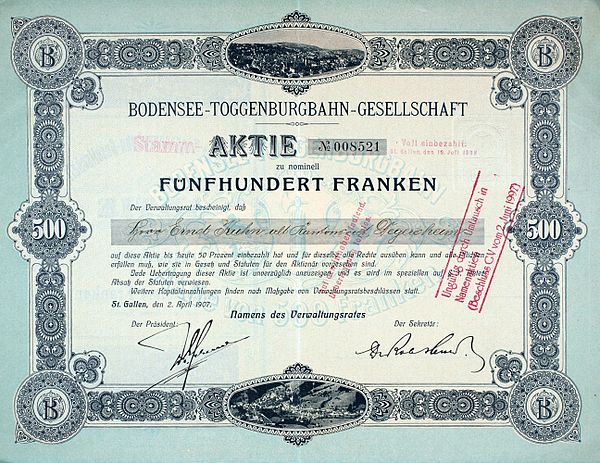 Share of the Bodensee-Toggenburgbahn Company valued at 500 franks issued on 2 April 1907