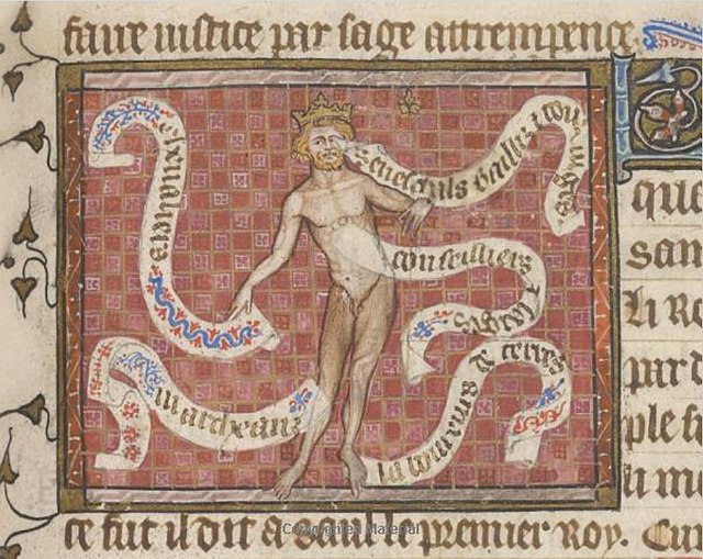 A visualization of the body politic metaphor in a 14th-century French manuscript. The king is head. Next, the seneschals, bailiffs, and provosts and o