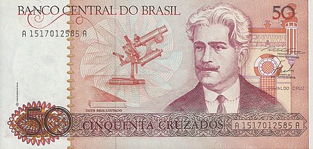 Oswaldo Cruz on a 1986 50 Brazilian cruzados banknote Brazilian 50 cruzados obverse.jpg