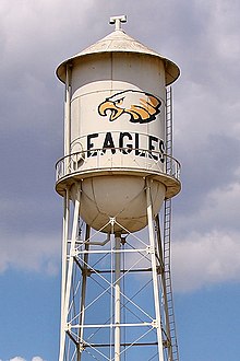 The water tower in Bruceville-Eddy highlighting the high school's mascot Bruceville Eddy Watertower 2019.jpg