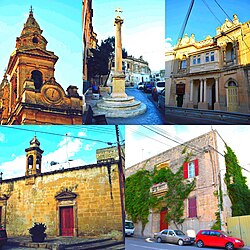 No sentido horário a partir do canto superior esquerdo: Torre da Igreja Paroquial de St Andrew, Dejma Cross, edifício neo-barroco, Capela Tal-Ftajjar e antigo edifício militar britânico