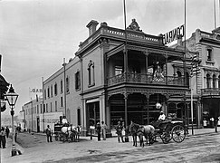 Building on Hindley Street with wrought iron balconies, built in Victorian style adapted to suit the hot Adelaide climate