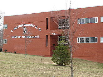Exterior facade, showing mascot and school colors C. Milton Wright High School.JPG