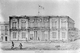Cabildo de Montevideo, acuarela de Aimé Aulbourg y Víctor Rabu (1858).