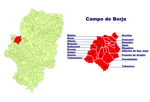 Location of Campo de Borja in Aragon and location of the individual municipalities