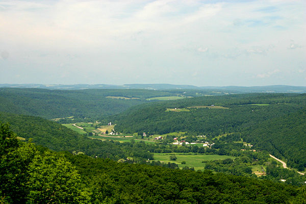 Canisteo River Valley from Pinnacle State Park. Glaciation in this area of the plateau removed the sharp relief that is seen in unglaciated areas of the plateau. The line of the distant peaks approximates the level of a peneplain that was uplifted to form the plateau.