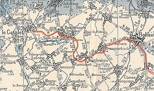 Carte de la ligne Le Catelet - Bohain (les gares sont en rouge).