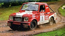 N. Leelakrishnan and co-driver Farooq Ahmed in a Group A(II) IND Maruti Gypsy during the 1993 Castrol South India Rally Castrol South India Rally 1993 (N. Leela Krishnan).jpg