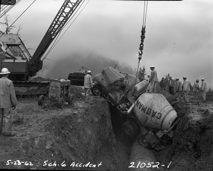 File:Cement mixer accident, Seattle, 1962.gif