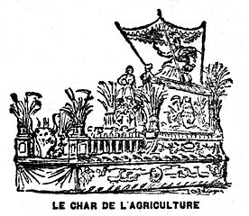 Gravure figurant un char porteur d'un piédestal sur lequel se tient une divinité sous un baldaquin