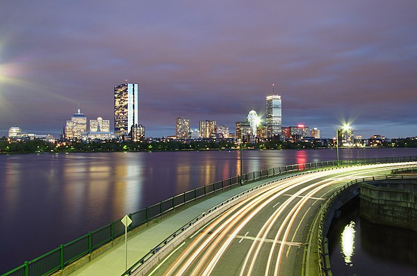 Memorial Drive along the Charles River at the Longfellow Bridge facing John Hancock Tower in Boston