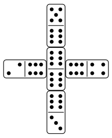 A typical opening setup for the first round of a game. All four sides of the opening double must be covered before play can continue. (Some people play that you only complete three sides, not four directions. One lines up at a right angle To the original double. The other two go on the opposite side at 45 degree angles. The completed thing looks like a Y with a line through the middle.) ChickieFirst.svg