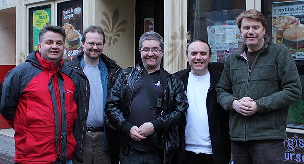 The original members of the DMA Design team in 2011. From left to right: Russell Kay, Mike Dailly, Steve Hammond, Gary Timmons, David Jones.