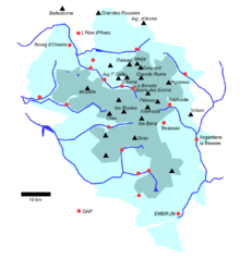 Cartina del Parco nazionale des Écrins con le principali vette del massiccio.