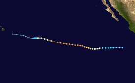 La trayectoria de un huracán comienza cerca de la costa occidental de México y se dirige hacia el oeste, y finalmente termina cerca de Hawai.