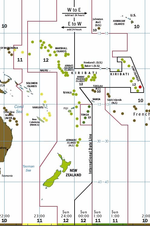 Following a 1995 time zone realignment, Millenium Island (then Caroline Island) (red dot at far east of map) became the easternmost land west of the International Date Line. DateLine-with-Caroline-Island.PNG