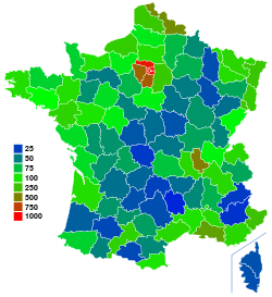 Population density by department (population per sq km) DepartementsFranceDensitePopulation.svg