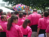 Diada castellera de les festes de primavera del 2014 a Sant Feliu de Llobregat. Hi actuaven els Castellers de Sant Feliu (camisa rosa), els Castellers de Viladecans (camisa verda) i els Castellers de Santa Coloma (camisa blau cel).Template:Location dec