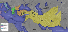 The Hellenistic realms c. 300 BC as divided by the Diadochi; the Macedonian Kingdom of Cassander (green), the Ptolemaic Kingdom (dark blue), the Seleucid Empire (yellow), the areas controlled by Lysimachus (orange) and Epirus (red) Diadochen1.png
