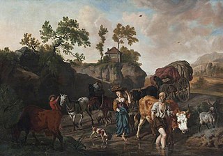 Landscape with an Old Herdsman and Young Market Girl fording a Stream followed by Two Horse-and-Carts with Grooms