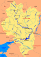 Mapa del ríu Don (Дон) nel que tamién se llee —a la derecha— Volgográu (Волгогра́д)