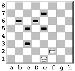 Белые при своей очереди хода должны взять дамкой так: е1:а5:d8:f6:d4. На поле d4 дамка должна остановиться, т.к. через шашку c3 второй раз перескакивать нельзя, нельзя также перескакивать и через шашку с5