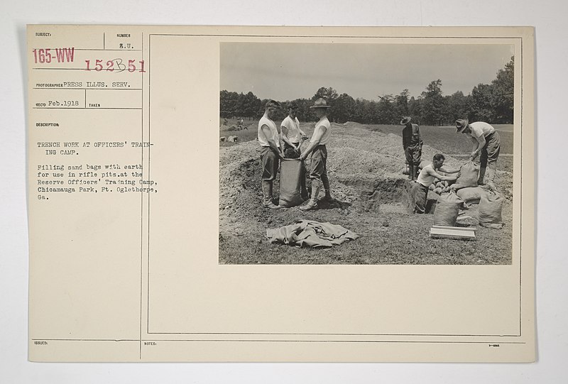 File:Drills - Trench Warfare - Trenches - Trench work at Officers' training camp. Filling sand bags with earth for use in rifle pits at the Reserve Officers' Training Camp, Chicamauga Park, Fort Oglethorpe, Georgia - NARA - 31476841.jpg