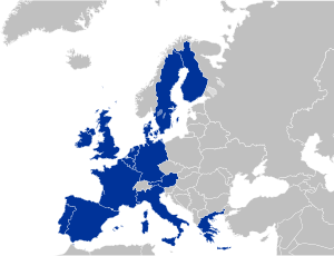 A map of Europe with various countries shaded in dark blue.