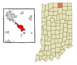 Elkhart County Indiana Incorporated and Unincorporated areas Goshen Highlighted.svg