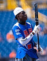 Forbes at a celebrity softball game in 2023 Emmanuel Forbes softball.jpg